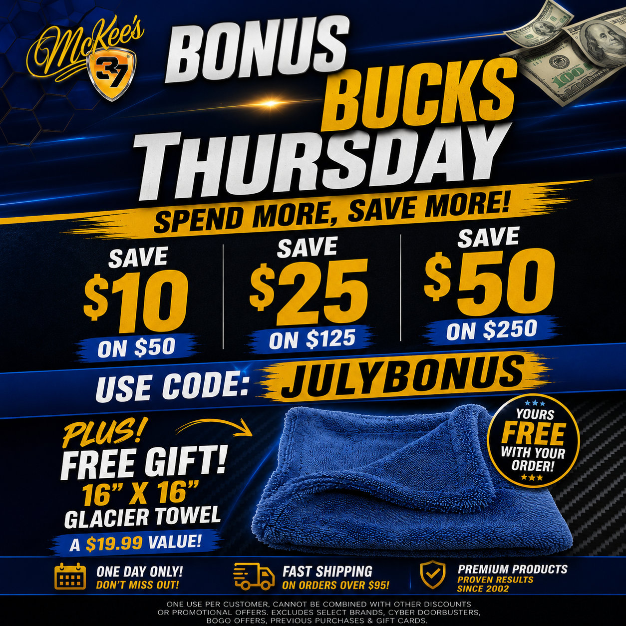 Bonus Bucks Thursday is here! Save $10 on $50, $25 on $125, or $50 on $250 with code JULYBONUS.